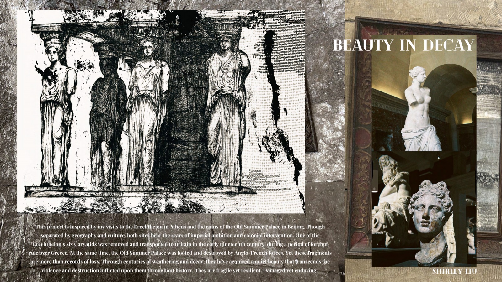 Beauty in Decay project page showing architectural fragments and museum imagery