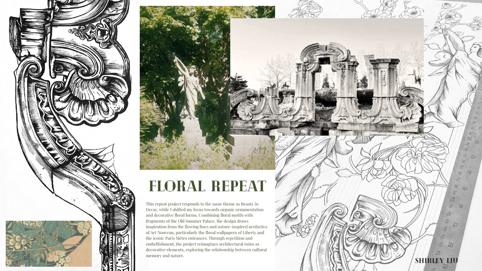 Floral Repeat project page with architectural drawings and botanical forms
